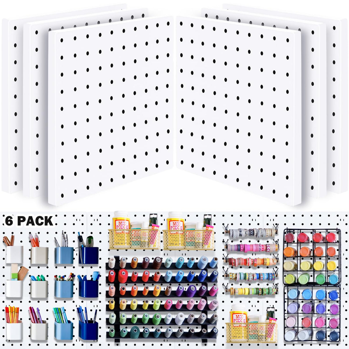6Pcs Peg board, Pegboard Wall Organizer Panels, Wall Mount Display Small Pegboard Kits, Pegboard, Peg Boards for Wall Craft Room, for Kitchen, Garage, Workshop, Tool Accessories - White Pegboard