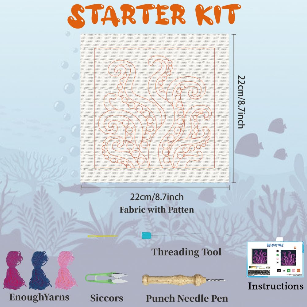BEUNITONE Punch Needle Kit for Adults Beginners with Tentacle Pattern, Complete DIY Craft Needlepoint Kits with Hoop, Punch Needle Starter Craft Embroidery Set for Festival Gift & Home Decor 9.4x9.4
