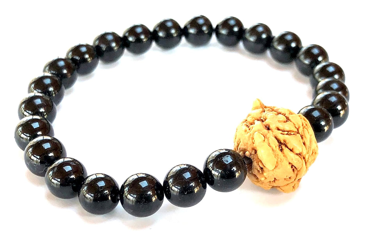 AWAKEN YOUR KUNDALINI Black Tourmaline & Bodhi Satva Bead Stretch Bracelet – 8mm & 14mm (Wrist Size 7.5 Inches)
