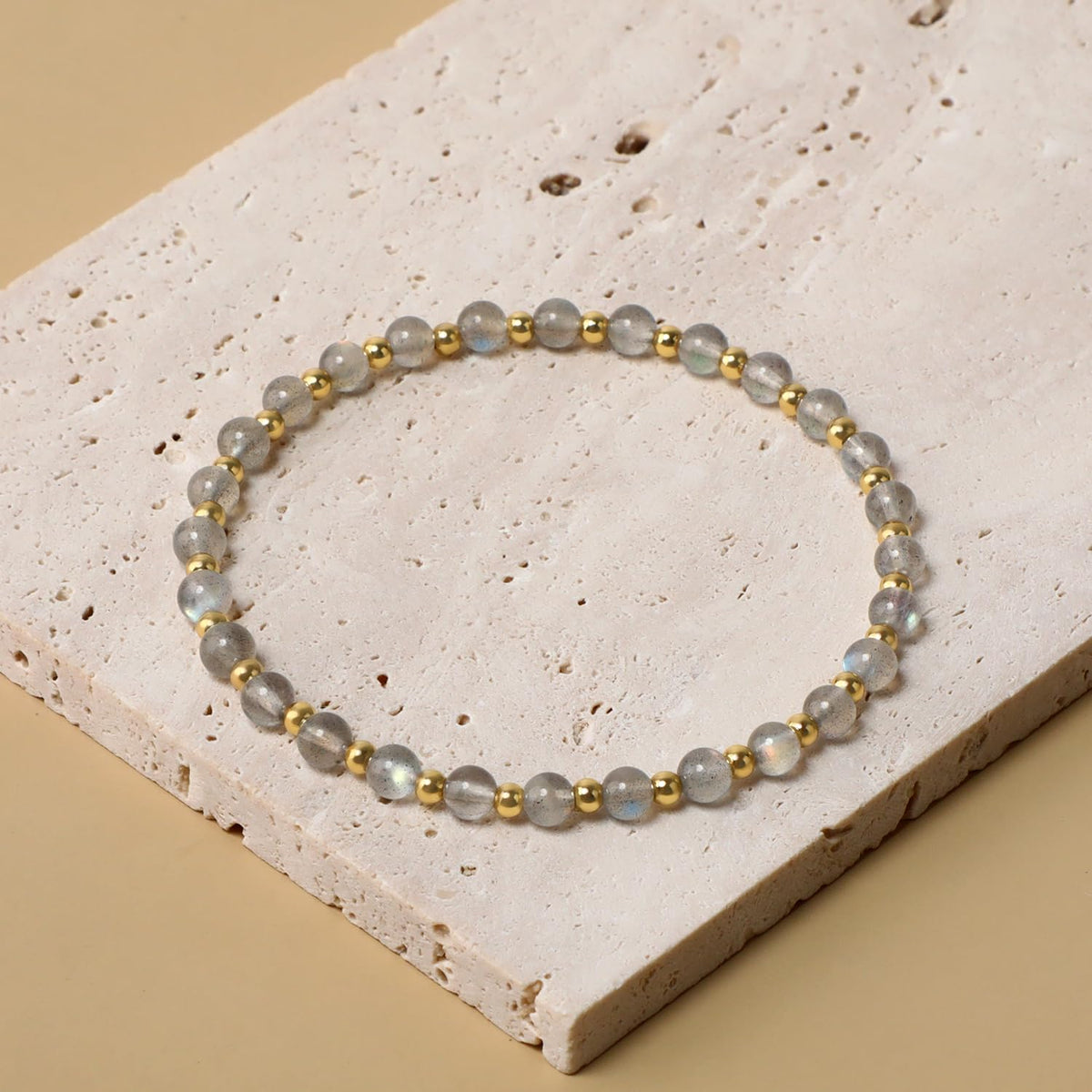 QOGIR Labradorite - Stone of Transformation - 14K Gold Plated Beads Natural Gemstone Stretch Elastic Dainty Healing Beaded Bracelets Gifts 4mm
