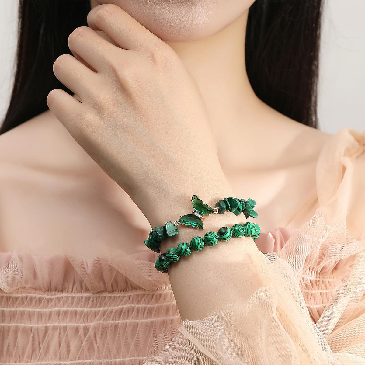 DUQGUHO 2Pcs Malachite Bracelets Green Bracelets for Women Butterfly Bracelets for Women Gemstone Bead Jewelry Healing Crystals Bracelets Stretch 8mm Crystal Beaded Jewelry Gifts for Women