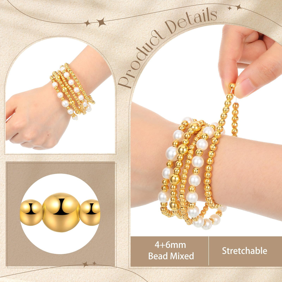 Ecation 10 Pcs Beaded Bracelets for Women Chunky Stacking Plated Bead Ball Stretchable Bracelets Set Natural Pearl Jewelry(Gold)
