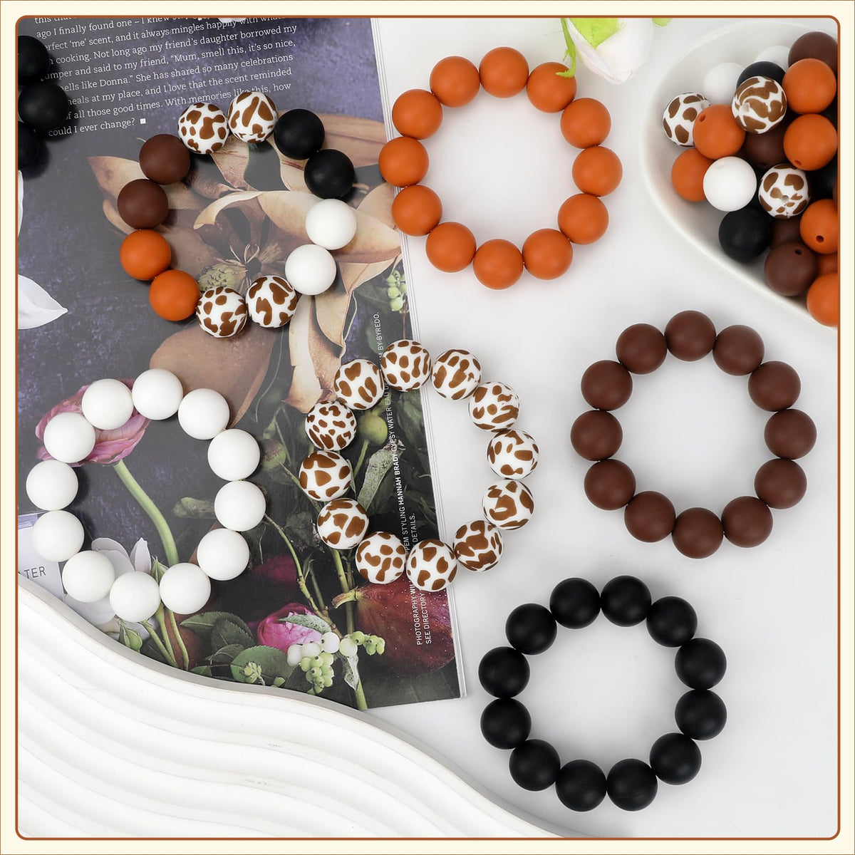 SALUOKE 100 Pcs 15mm Silicone Beads for Keychain Making, Pink Gream Silicone Beads Bulk Round for Bracelets Pens Crafts Jewelry Making (Brown White)