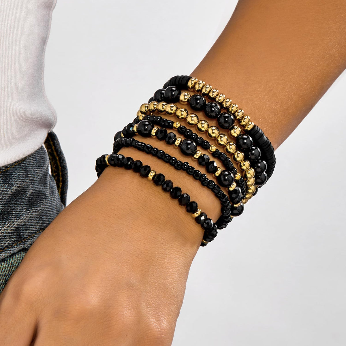 LOTSOF Boho Multilayer Beaded Bracelets Set for Women - Vintage Gold & Brown Stackable Stretch Bracelets, Bohemian Handmade Jewelry for Daily Style & Gifting (Black)