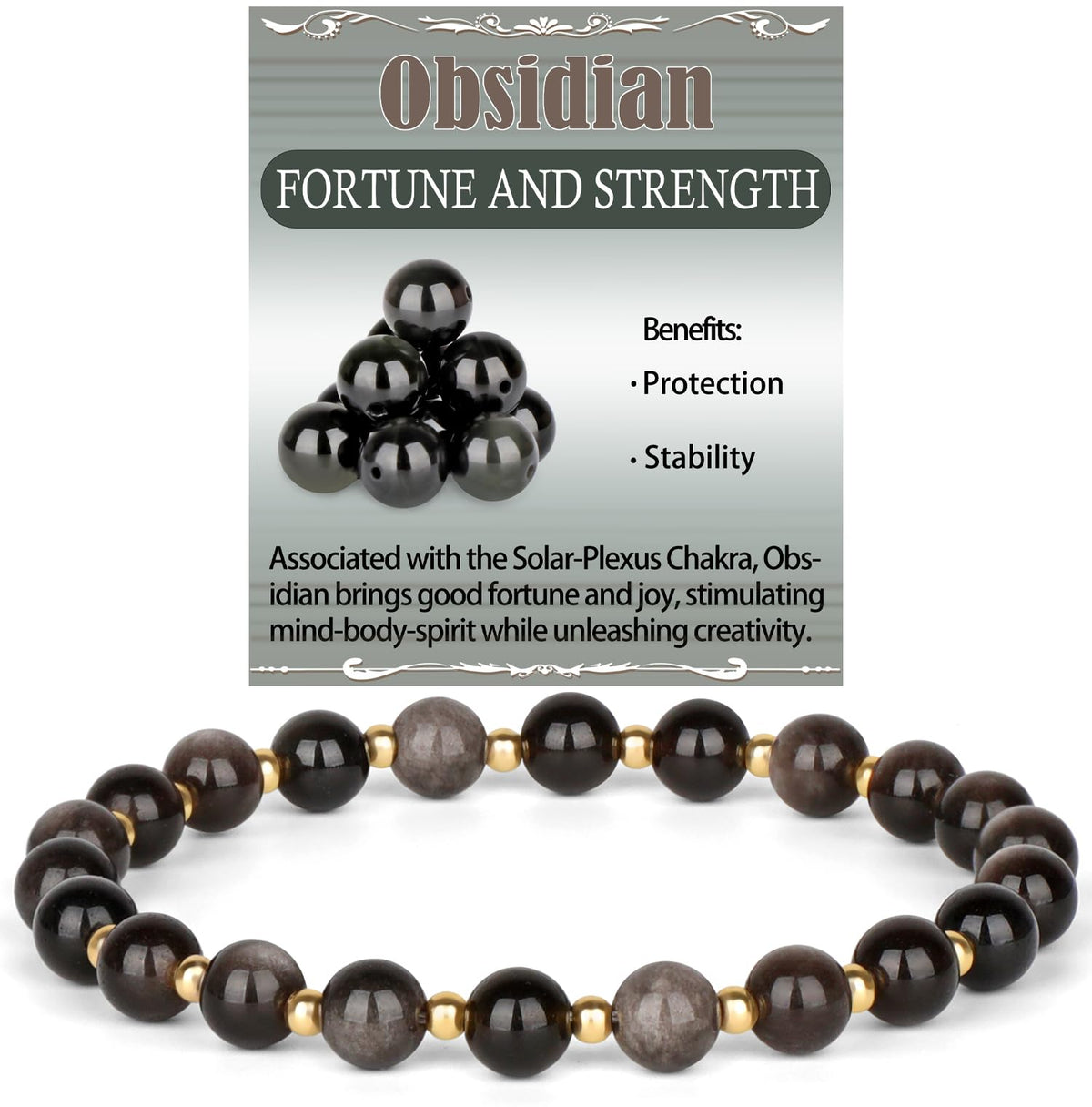 QOGIR Silver Obsidian - Fortune and Strength - 14K Gold Plated Beads Natural Gemstone Stretch Elastic Dainty Healing Beaded Bracelets Gifts 6mm