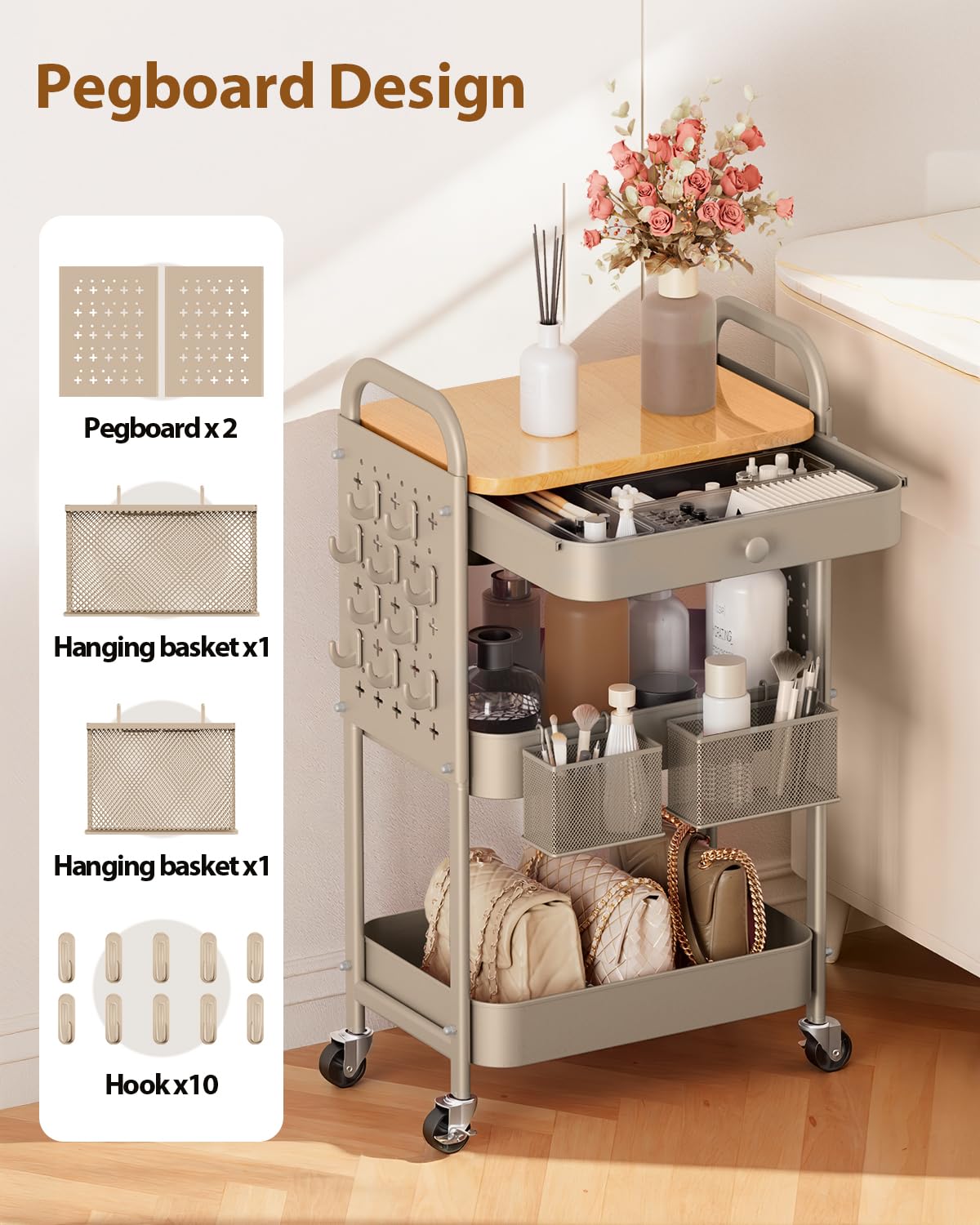 ALVOROG Rolling Cart with Drawer and Wood Table Top, 3 Tier Metal Rolling Utility Cart on Wheels with DIY Pegboards, Hanging Baskets, Hooks for Kitchen, Bedroom, Office, Craft Supplies