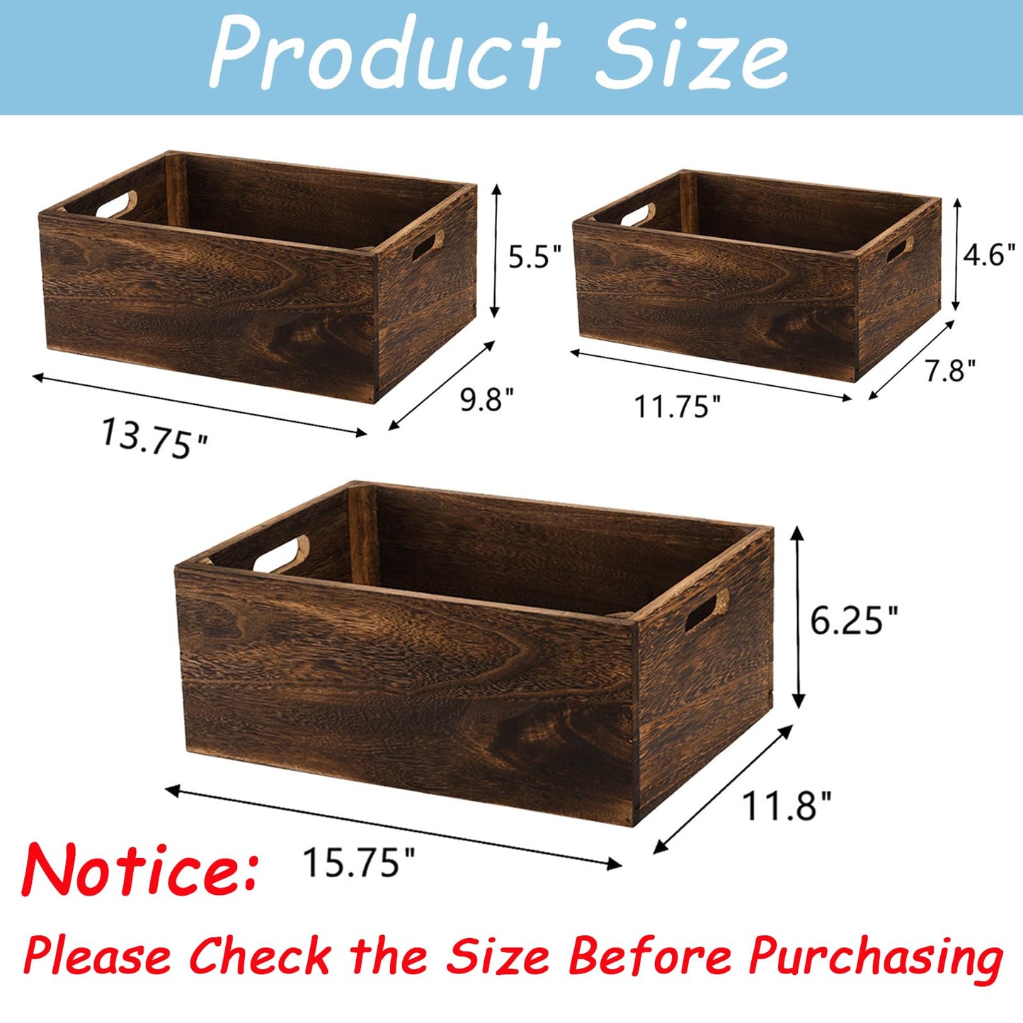 Frcctre Set of 3 Wood Nesting Storage Crates with Handles, Decorative Farmhouse Wooden Crates Storage Containers Rustic Handmade Natural Solid Wood Basket