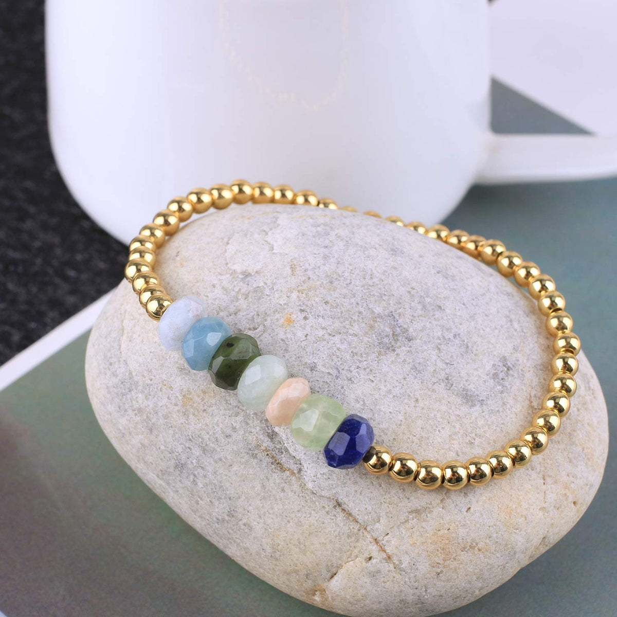 KELITCH Women Silver Stretch Bracelets Turquoise Beaded Bracelet Agate Crystal Cuff Bracelets