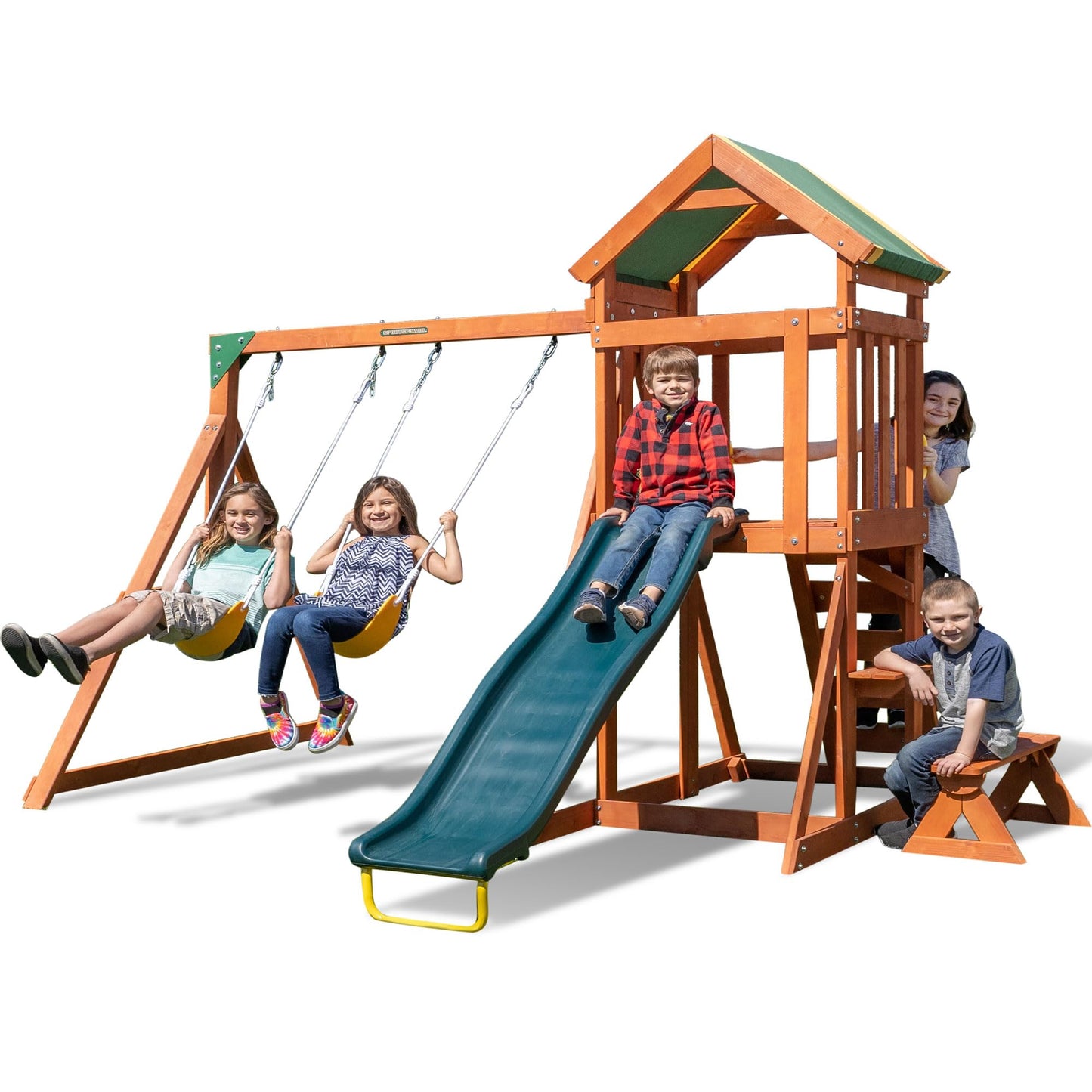 Sportspower Scottsdale Cedar Wood Swing Set: 2 Adjustable Swings, Sandbox, Rock Climber, Covered Deck, 1 Slide - Exceeds ASTM Safety Standards
