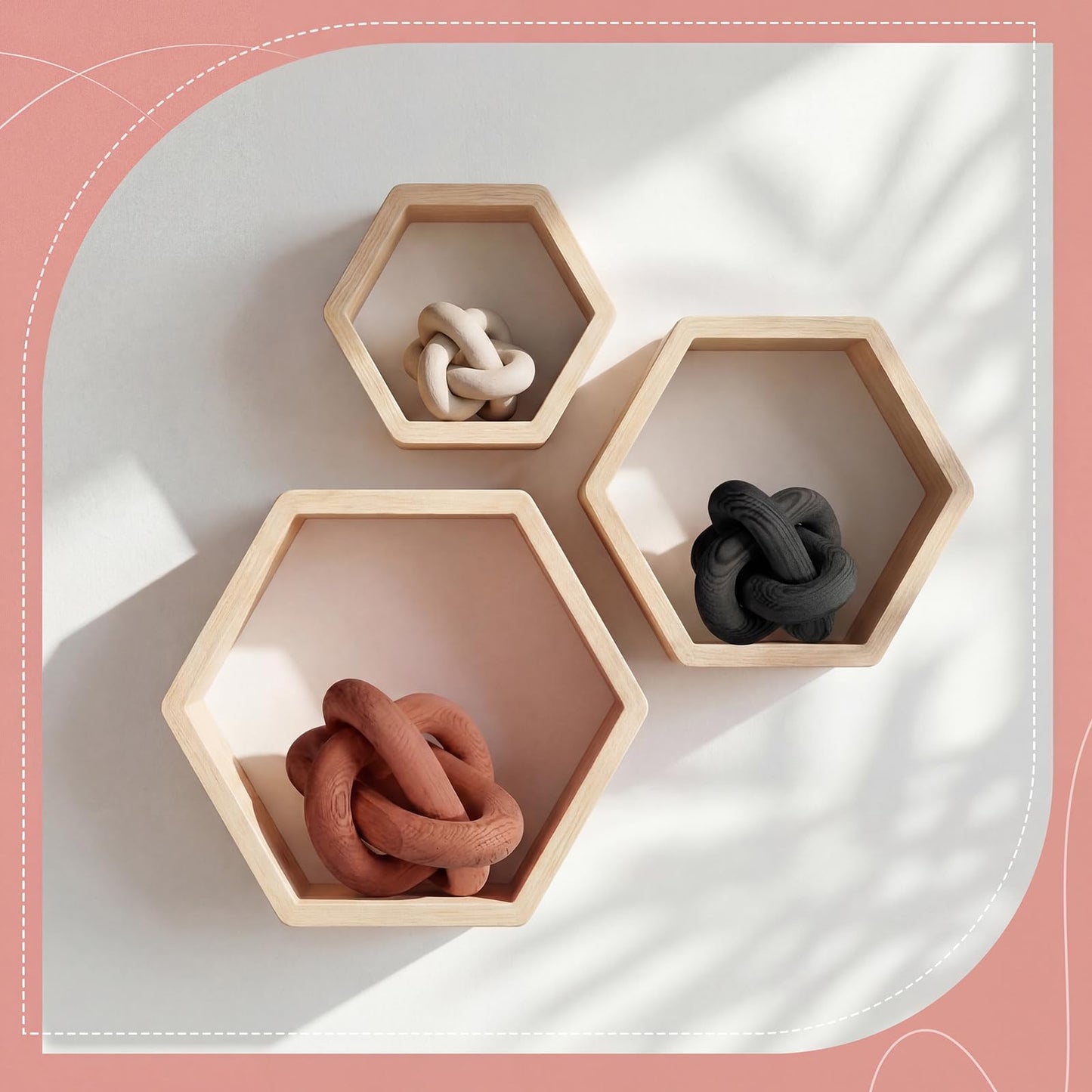 BrightRow Wood Knot Decorations Set of 3, Wooden Chain Link Coffee Table Decor, Modern Boho Farmhouse Rustic Home Decor for Living Room Shelf Tabletop Sizes 3.94", 4.72", 5.91"(Rust)