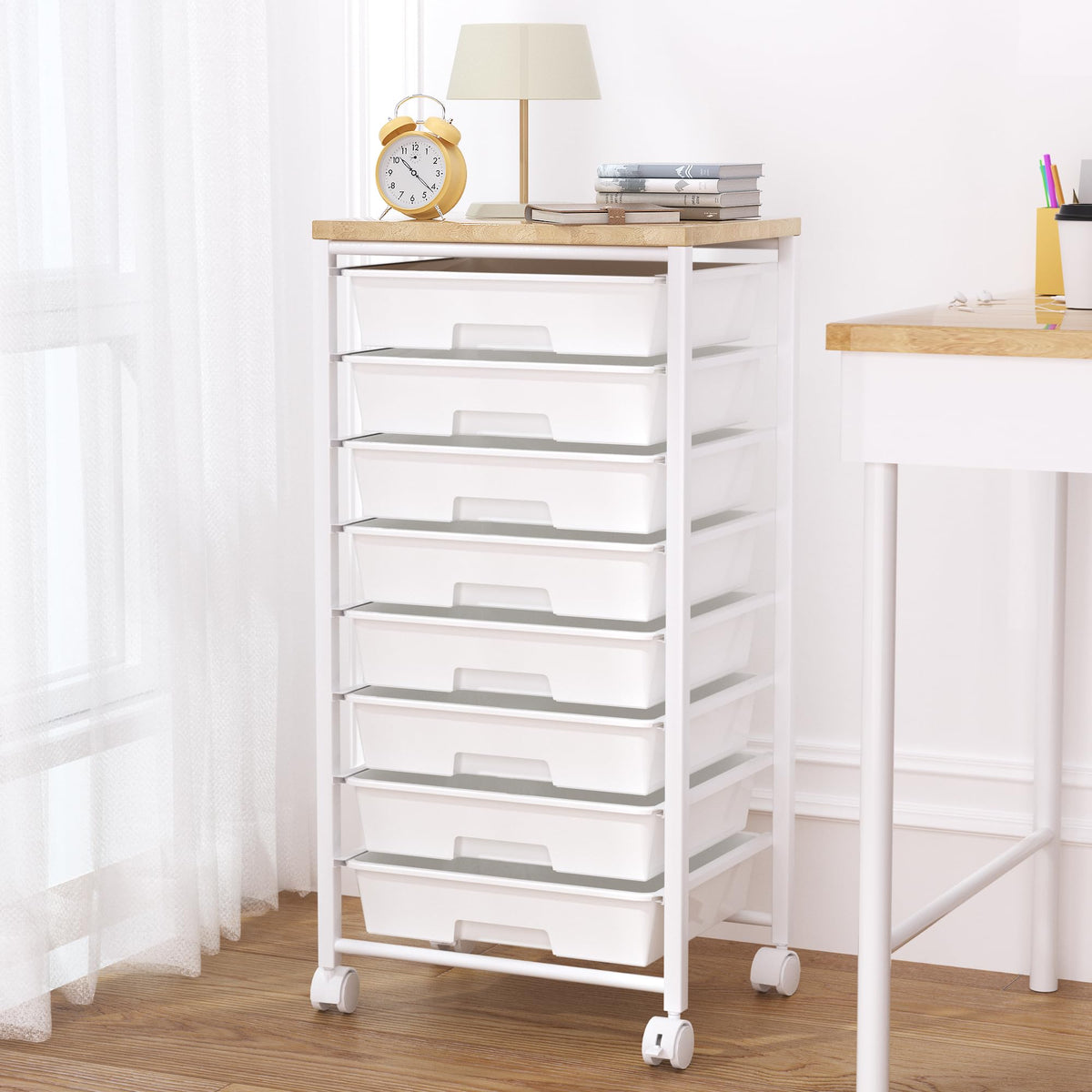 Rolling Cart with 8 Drawers, Storage Drawers Cart with Wooden Tabletop and Lockable Wheels, Craft Storage for Living Room, Office, Classroom, Craft Room, Bedroom