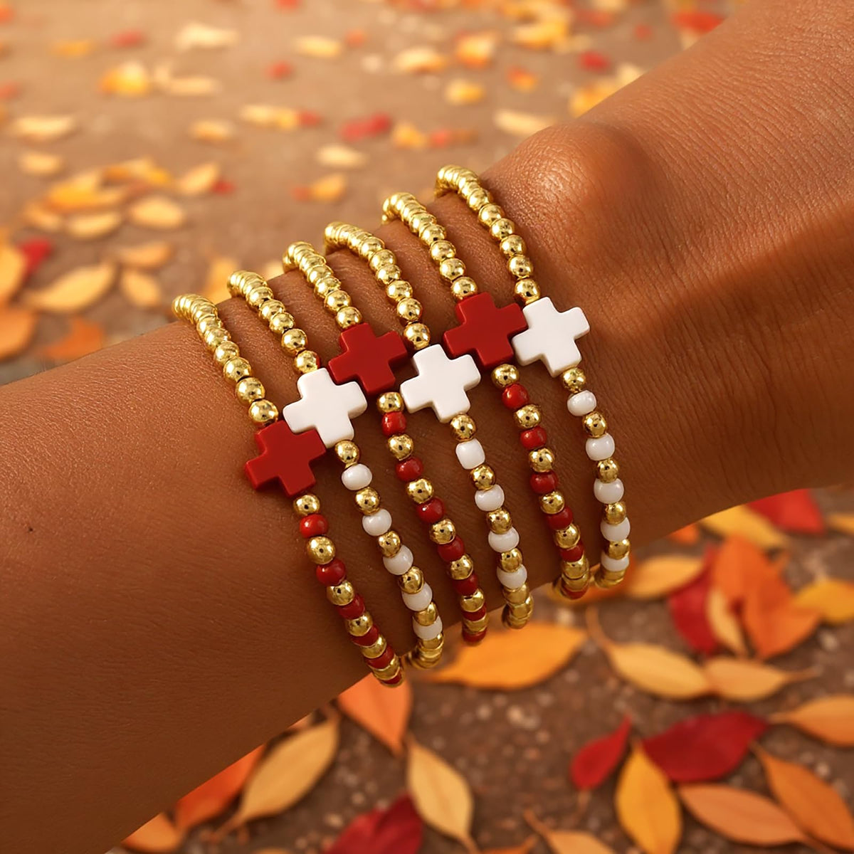 Bohxantium Gold Beaded Bracelets for Women Stackable Boho Gold Plated Red White Seed Beads Ball Cross Bracelets Stack Elastic Stretch Trendy Jewelry Accessories Non Tarnish Friendship Christian Gift