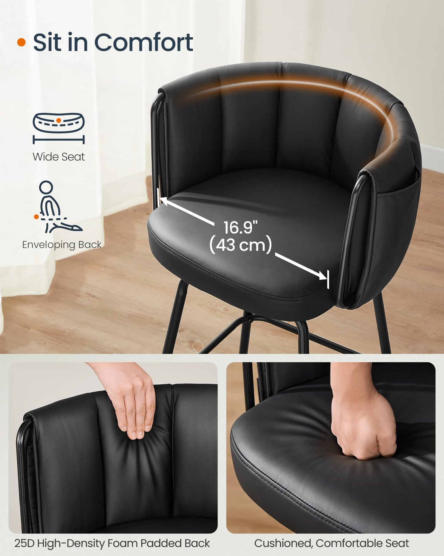 SONGMICS HOME 360° Swivel Bar Stools Set of 4, Barstools with Curved Back, Upholstered Counter Bar Stools with Footrest, Metal Tapered Legs, for Kitchen Island, Dining Room, Ink Black ULBC123BH01S-2J