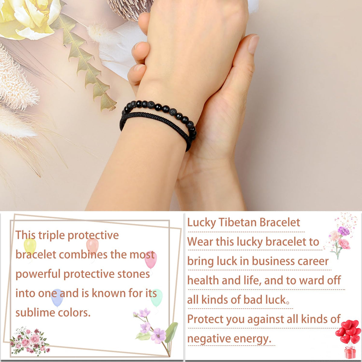 LPBeads 6mm Onyx Lava Obsidian Mixed stone Bracelet with Handmade Rope Bracelet Size Adjustable Natural Stone Crystal Healing Bracelets Gifts for Unisex Adults