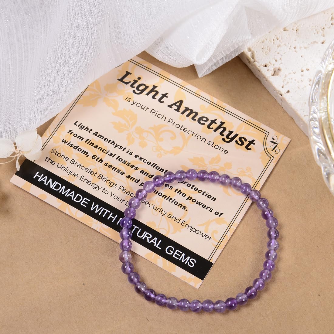 MASSIVE BEADS Light Amethyst - Rich Protection - Handmade Handmade Yoga Stretch Elastic Bracelet Natural Stone Crystal Healing Power Energy Gifts for Unisex Adult 4mm
