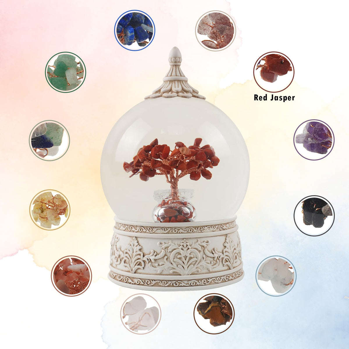 Red Jasper Healing Crystal Tree Globe with Colorful Lights Sparkling Glitter, Natural Gemstone Base, Spiritual Meditation, Positive Energy Good Luck, Home Decor, Birthday Gifts (Red Jasper)