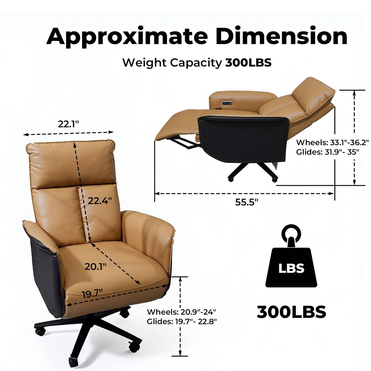 Liftsync Ergonomic Executive Recliner, Adjustable Electric Office Chair 90-155° with Footrest, 4-Position Headrest, 300LBS Heavy Duty, 2-in-1 Base Swivel Desk Chair w/USB, Brown & Black PU Leather