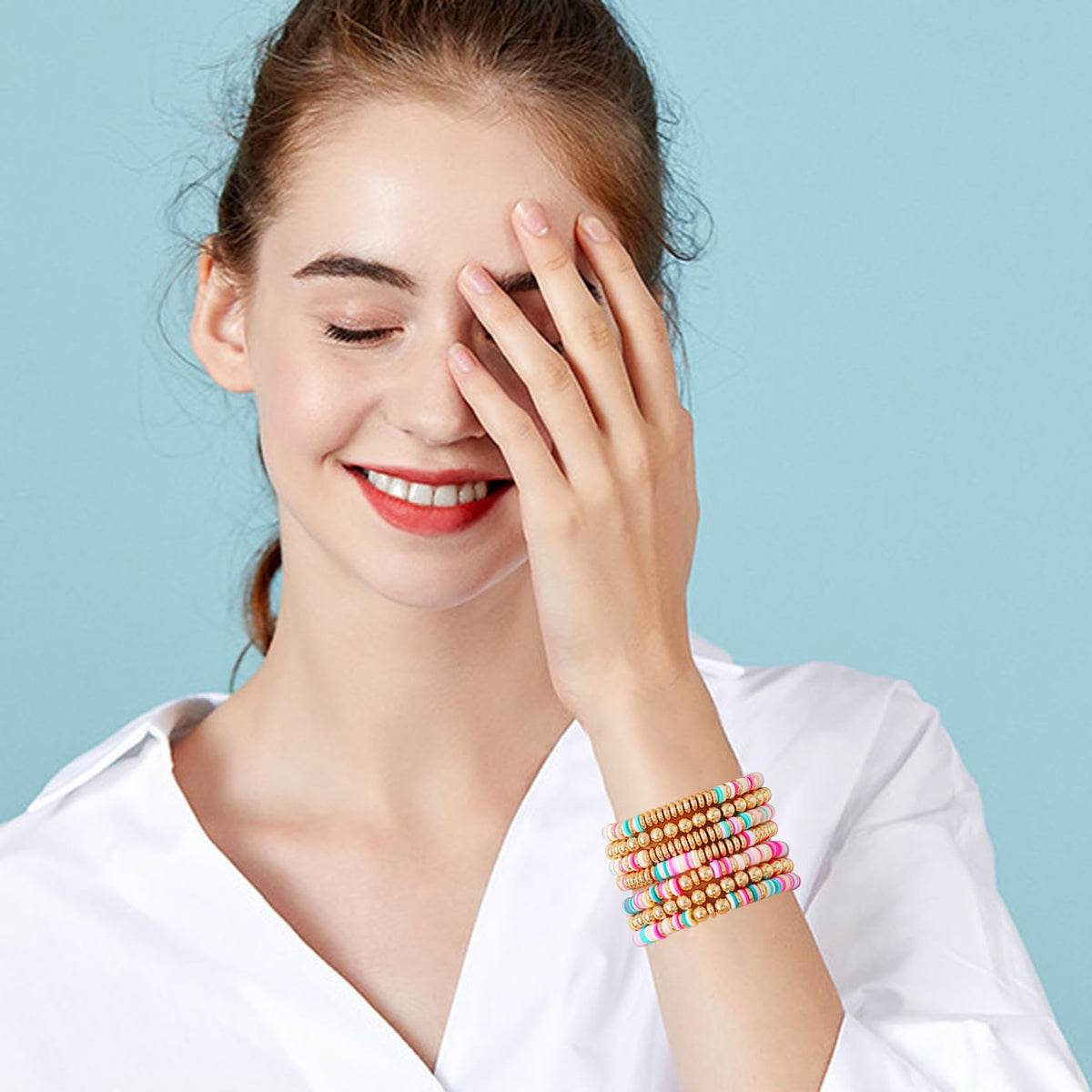 GOOJIDS Surfer Heishi Clay Bead Bracelets for Women Bohemian Stackable Gold Plated Beaded Stretch Bracelets Elastic Layering Friendship Bracelets Set Boho Jewelry (F-Pink Multicolor Set)