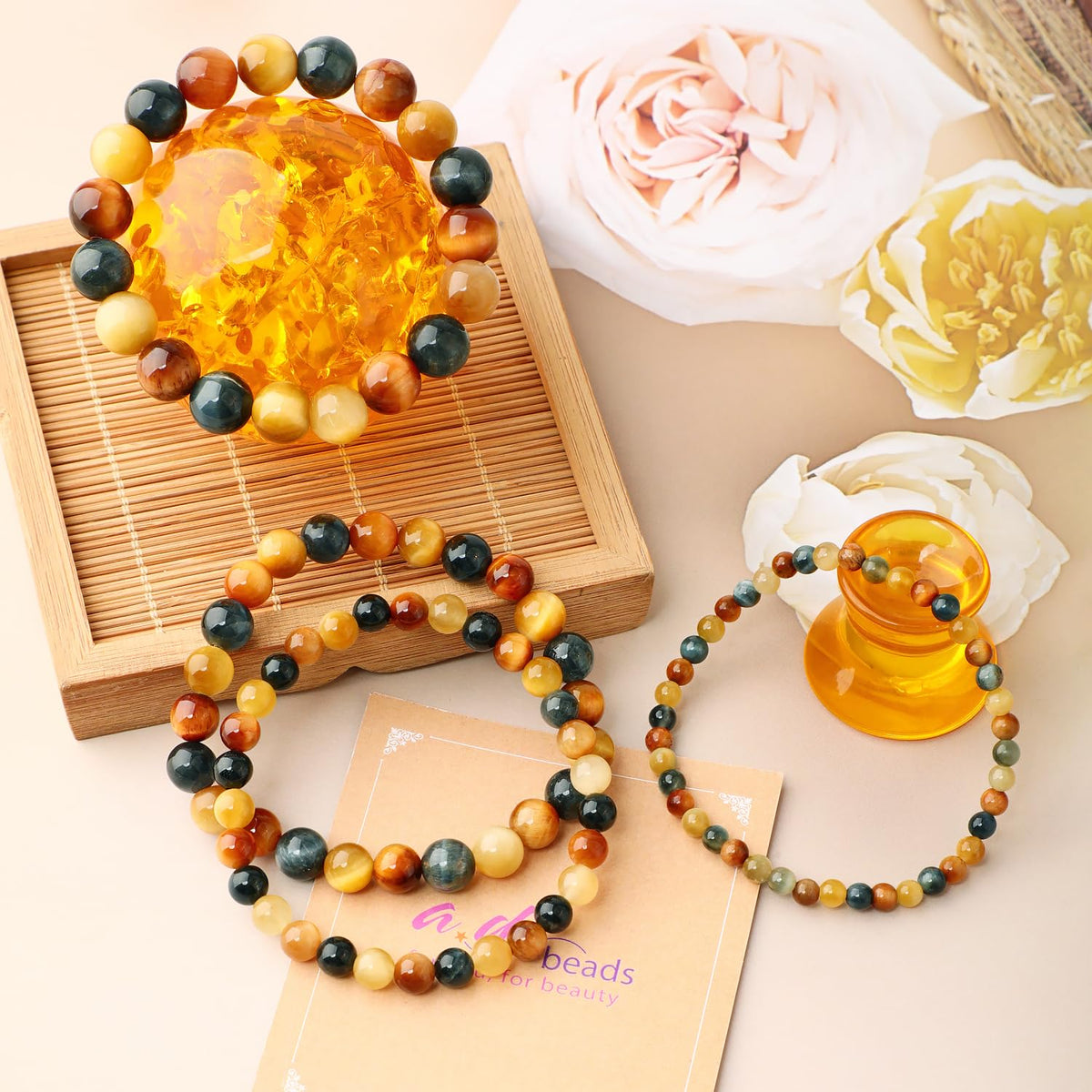 AD Beads 4mm Handmade Golden Colorful Tiger Eye Elastic Bracelet – Natural Gemstone for Warmth and power – Meditation, Yoga, Healing and Energy Gift for Men Women
