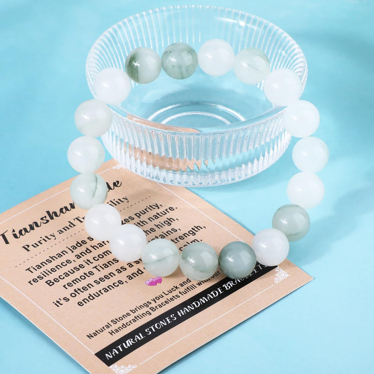 AD Beads 4mm Handmade Tianshan Jade Elastic Bracelet Natural Gemstone for Purity and Tranquility Meditation, Yoga, Healing and Energy Gift for Men Women