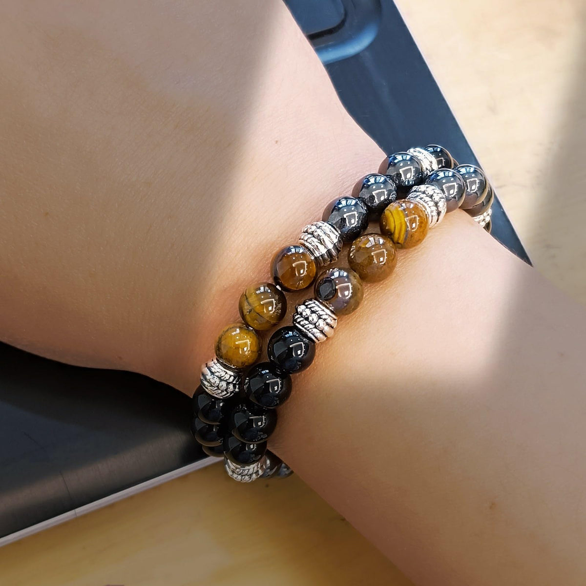WEFRIN Triple Protection Bracelet for Bring Luck and Prosperity Hematite Black Obsidian Tiger Eye Stone Bracelets for Men Women, Beaded Buddha Healing Rope Uni Bracelet (2pcs)
