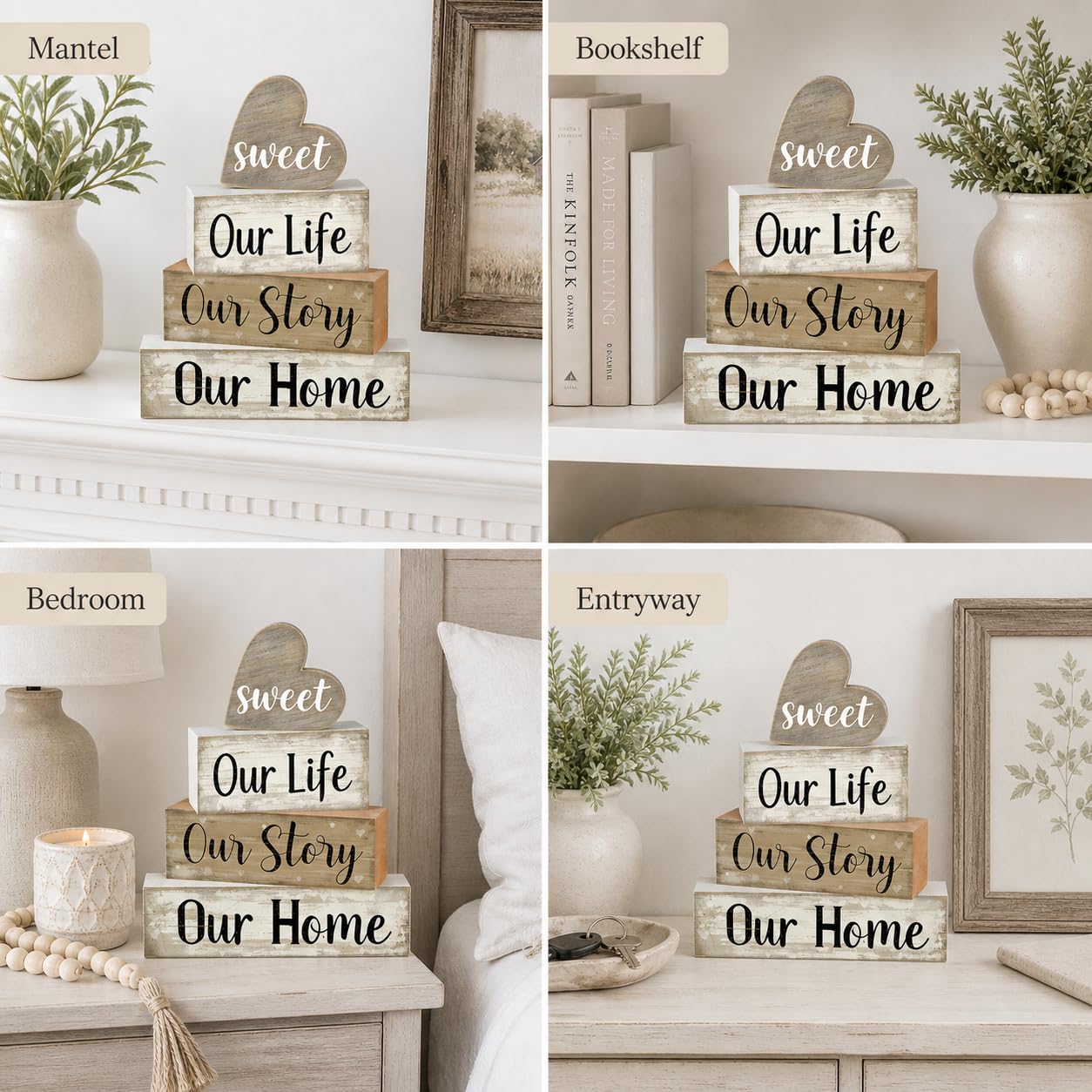 4 Pcs Farmhouse Table Decor, Wooden Heart Tiered Tray Decorations with Sweet Home Sign, Rustic Our Life Our Story Our Home Decor for Table, Kitchen, Office, Mantel, Shelf, Housewarming Gift