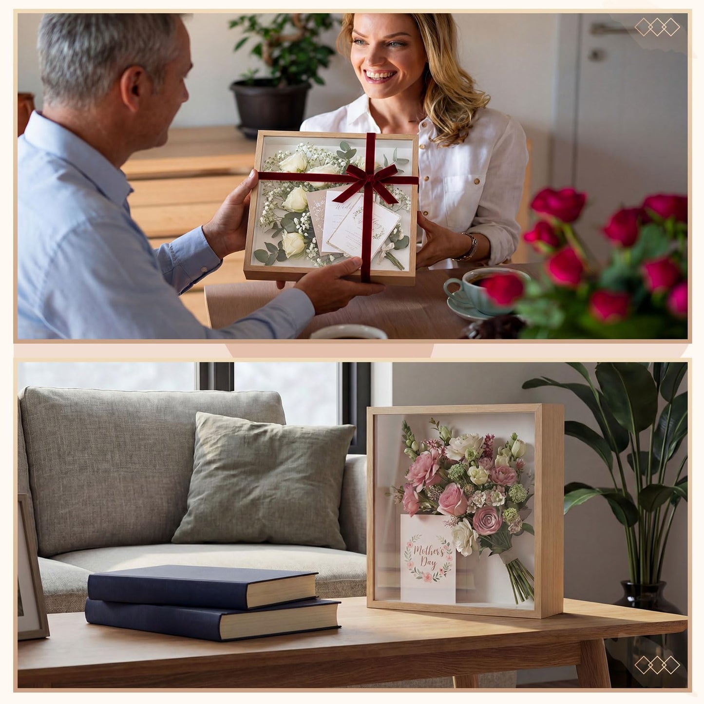 BrightRow 12"x12" Wedding Shadow Box Frame Flower Display Case Kit, DIY Wood Color Picture Gift Box with Lid Deep Glass Case Red Velvet Ribbon for Gift Wrapping Craft Bouquet Flower Keepsake Memory