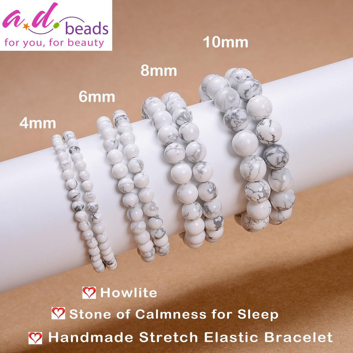 AD Beads Handmade Gemstone Stretch Elastic Bracelet Crystal Healing Reiki Nature's Beauty and Spiritual Essence Unisex (6mm, Howlite (Calmness for Sleep))
