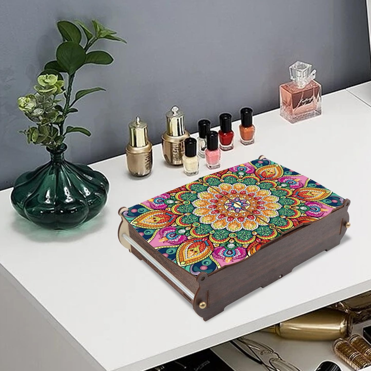 MVVMTOP Diamond Art Painting Kit Wooden Storage Box, Mandala Pattern DIY Special Shaped Diamond Flip Cover Wooden Money Box, Handmade Art Desktop Decorations Birthday Gifts for Friends