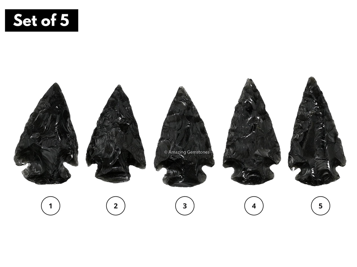 Amazing Gemstone 5 Pieces Black Obsidian Arrowhead, Crystal and Healing Stone Flint Rock Arrow Head - 1 to 1.5 Arrowheads for DIY Project Craft Point Jewelry Making