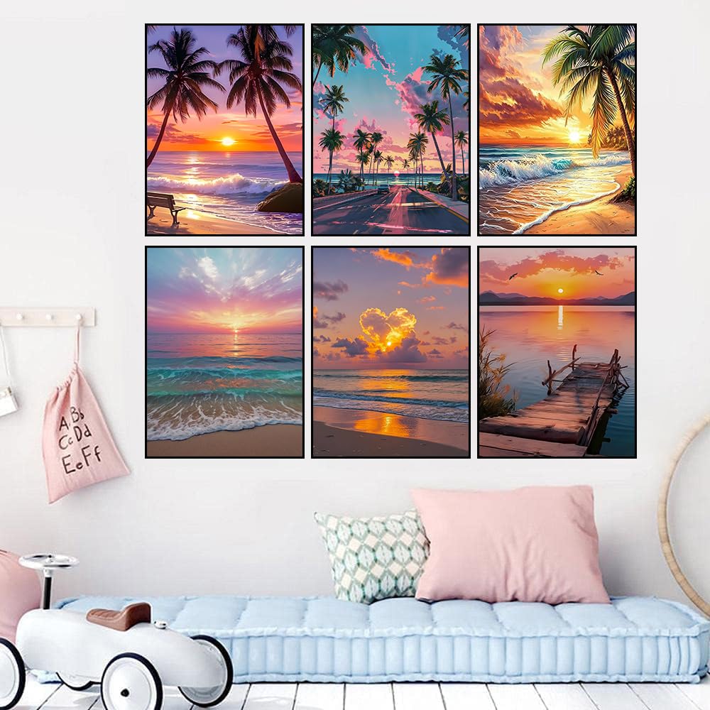 croshom Sunset Diamond Art Kits for Adults, 6 Packs Beach Diamond Painting Kits for Adults Beginners, 5D DIY Full Round Drill Gem Craft for Adult Gifts, Home Wall Decor 12" x 16"