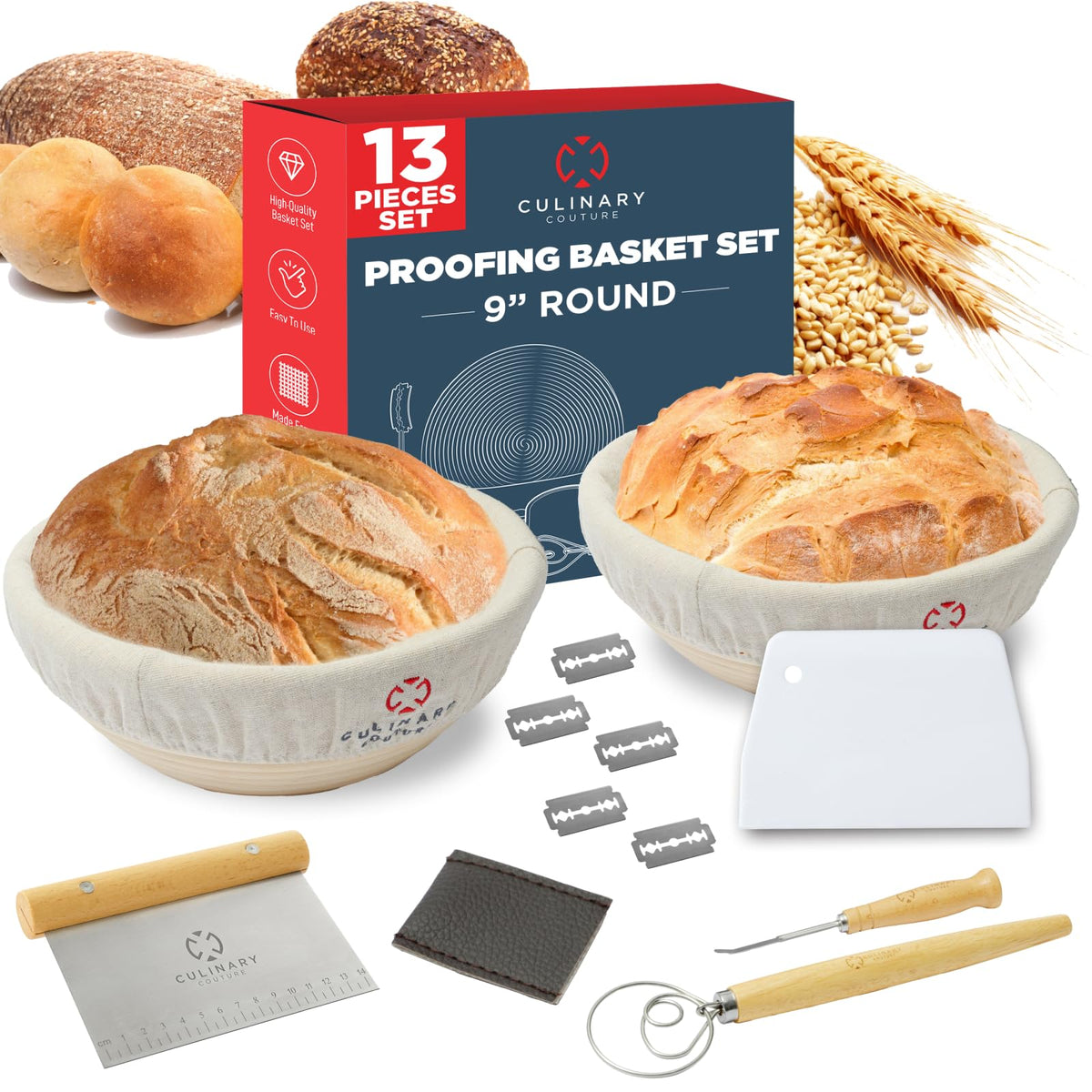 Bread Proofing Basket Set of 2 - Round 9" Sourdough Bread Baking Supplies w/Linen Liner, Scrapers, Scoring Lame, Whisk, Blades Banneton Proofing Baskets - Sourdough Starter Kit for Beginners