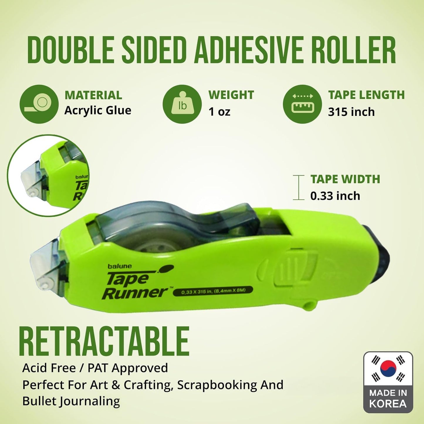 Double Sided Tape with Retractable Dispenser Roller - Permanent, Acid Free, Transparent - 2 Runners & 8 Refill Cartridges - Ideal Scrapbook Supplies & Scrapbooking Supplies Kit - 315 Inches Each