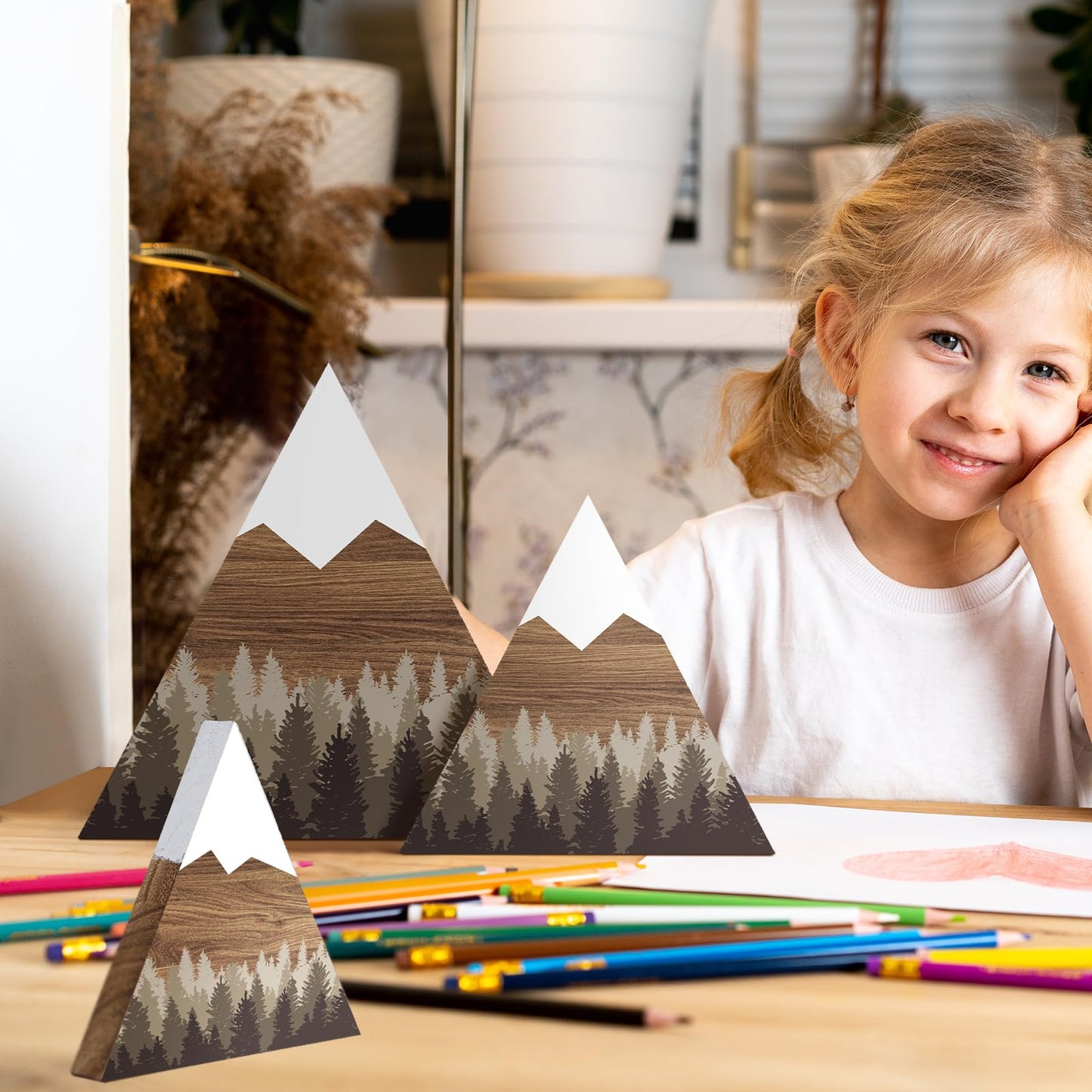 Maitys 3 Pcs 3 Size Mountain Shelf Decor Mountain Wooden Sign Farmhouse Wood Forest Sign Woodland Nursery Decor Travel Adventure Table Centerpiece for Home Farmhouse(Taupe)