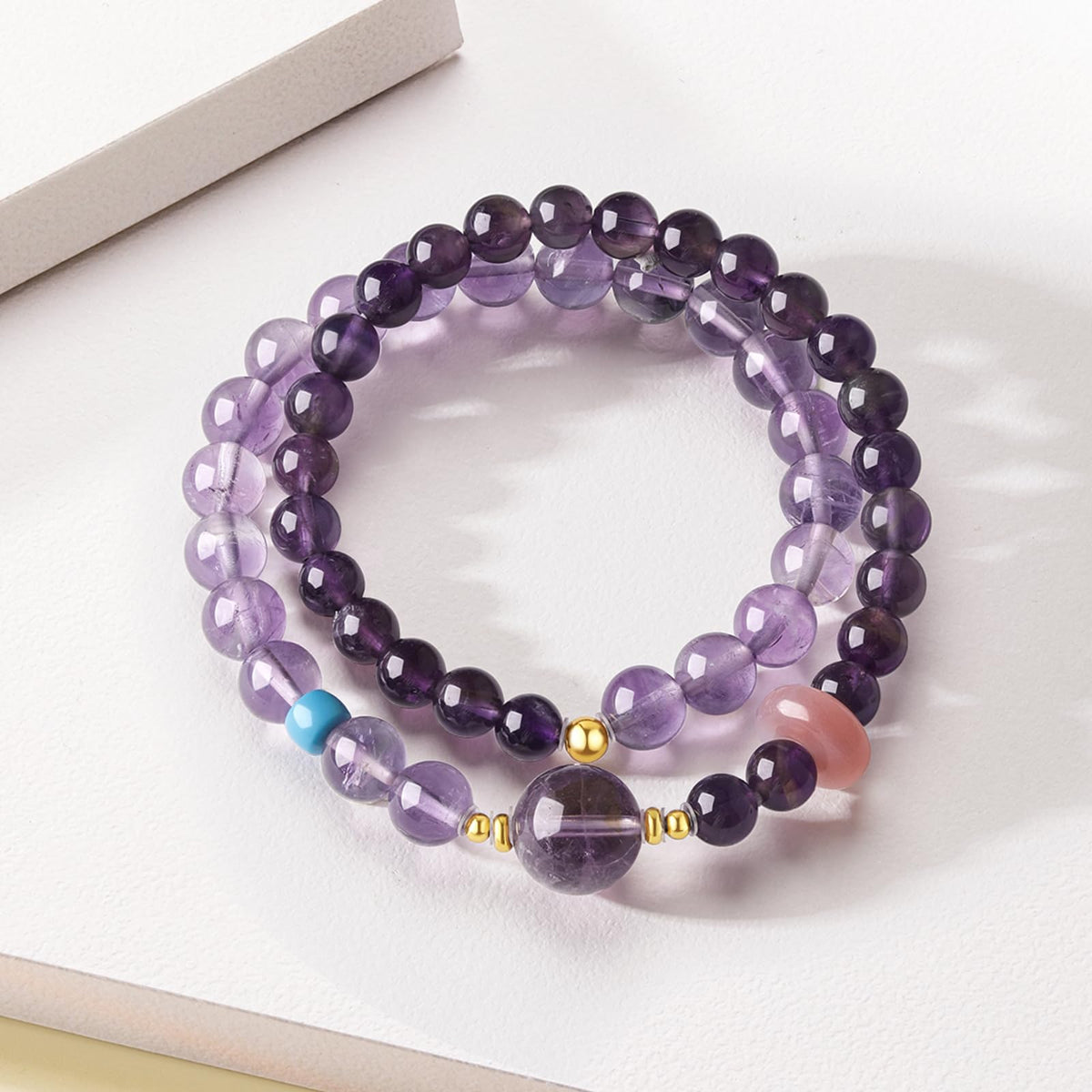 ZHOU LIU FU Sterling Silver Beaded Bracelets Natural Lucky Purple Gemstone Stretch Bracelet Circular Agate Beads Dainty Jewelry for Women Mom Daughter Birthday Anniversary 13.4"/34CM J1922133