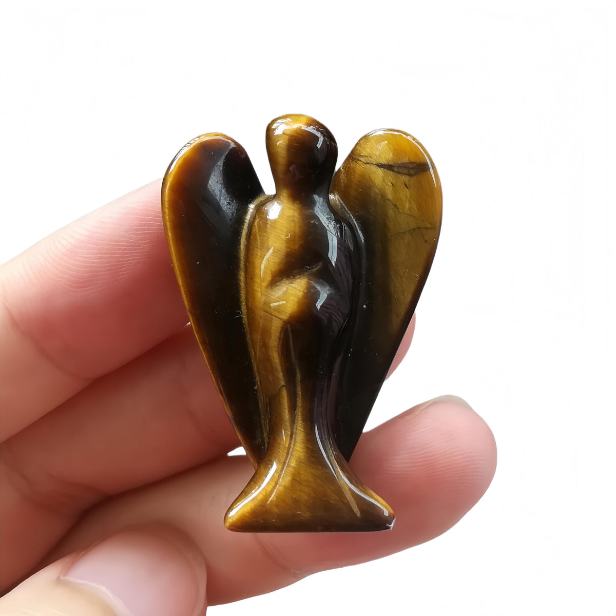 Afucats Natural Tiger's Eye Healing Guardian Angel Indoor Decorative Stone,1.5 Inches Carving Pocket Palm Statue,Gift for Her Christmas Décor