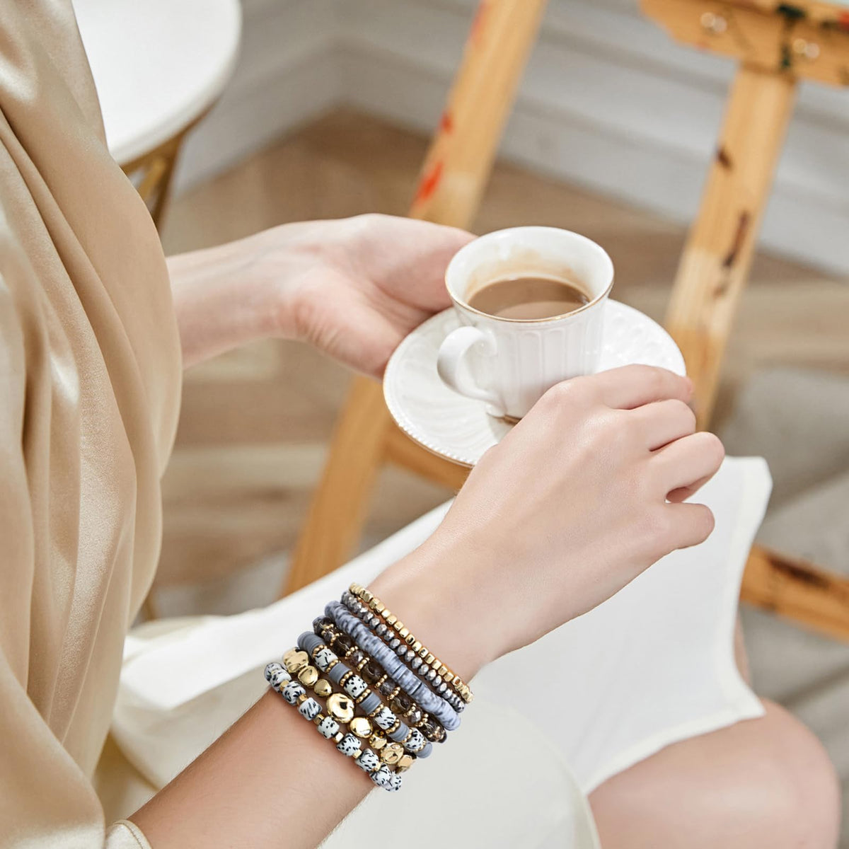 GOOJIDS Surfer Heishi Clay Spotted Bead Bracelets for Women Stackable Gold Plated Beaded Stretch Bracelets Elastic Layering Friendship Bracelets Set Boho Jewelry