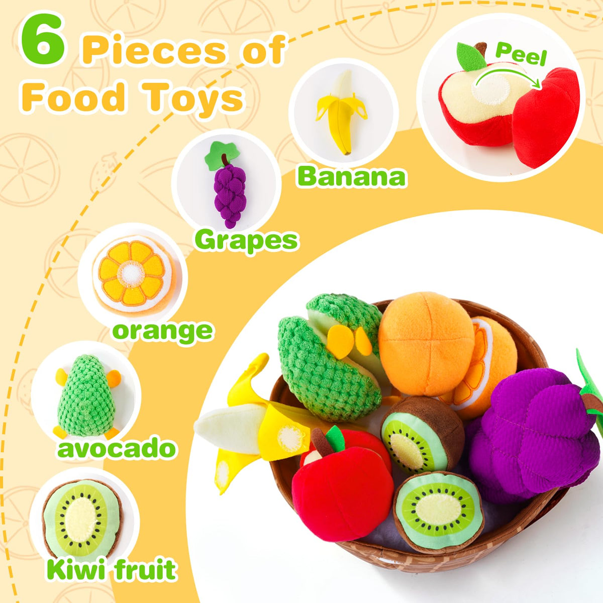 Play Food for Toddler 1-3, Plush Pretend Food Set with Sorting Fruit Basket, Baby Sensory Toys 6-12 Months, Montessori Learning Early Educational Toy for Infants, Gifts for 1 Year Old Boy Girl