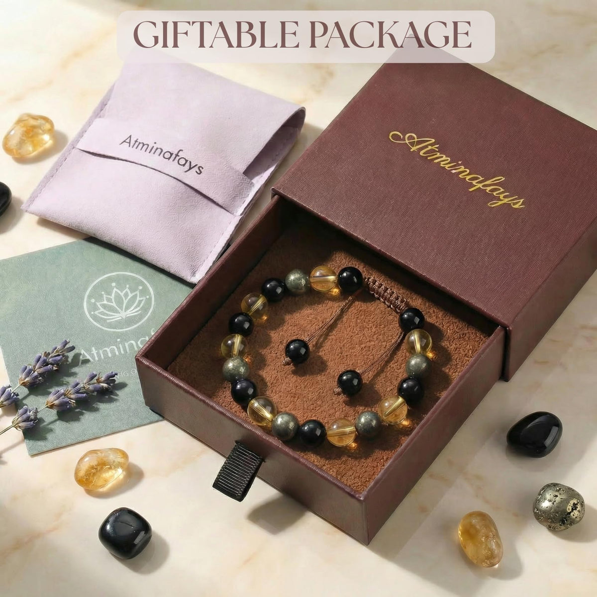 Atminafays Citrine Bracelet for Women & Men | Genuine Crystal Bracelet for Money, Wealth & Success with Pyrite & Obsidian | Adjustable Feng Shui Bracelet