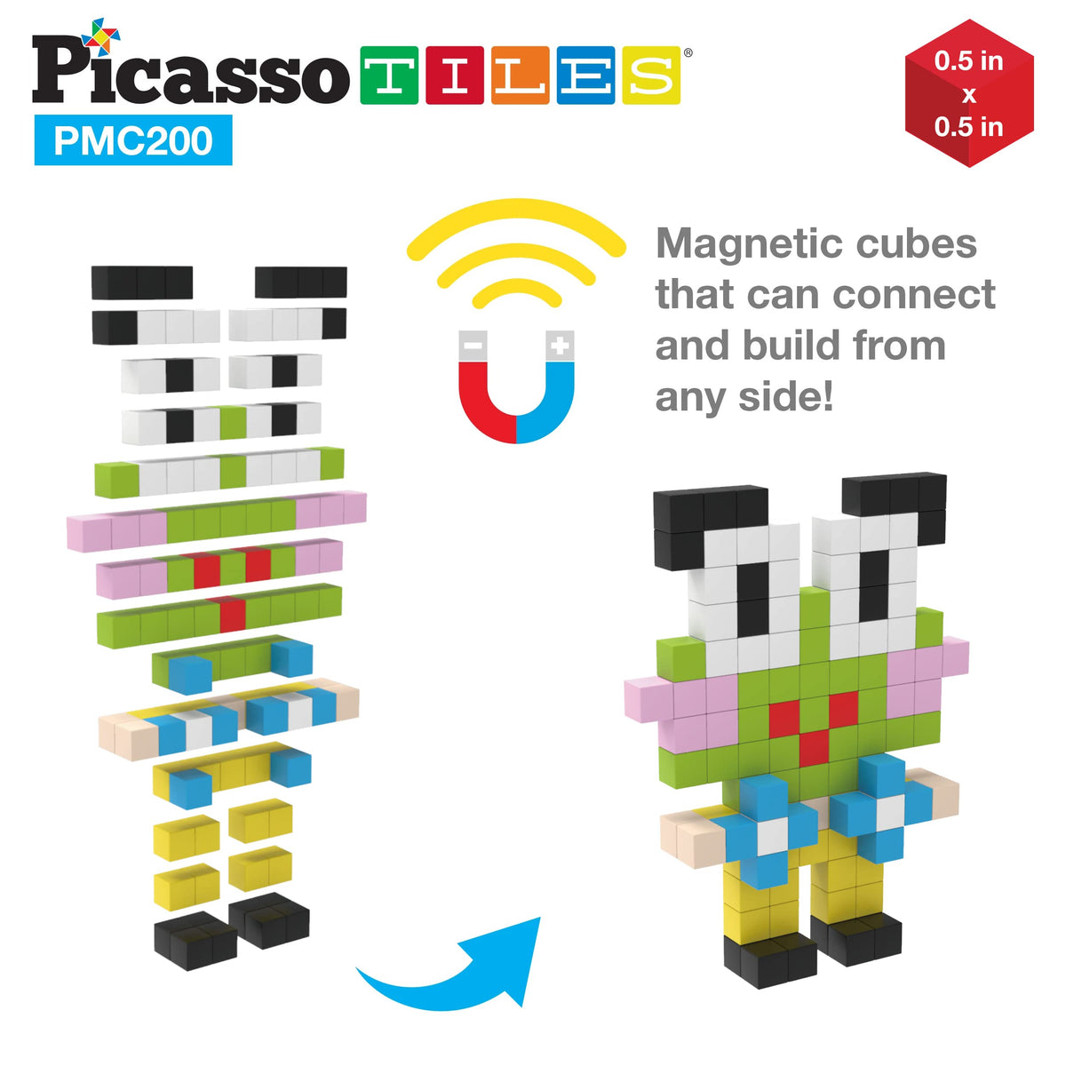 Picasso Cubes 0.5” Pixel Magnetic Puzzle Cube 200 Piece Mix & Match Sensory Toys STEAM Education Learning Building Block Magnets Children Construction Toy Set Stacking Magnet Creative Kit PMC200