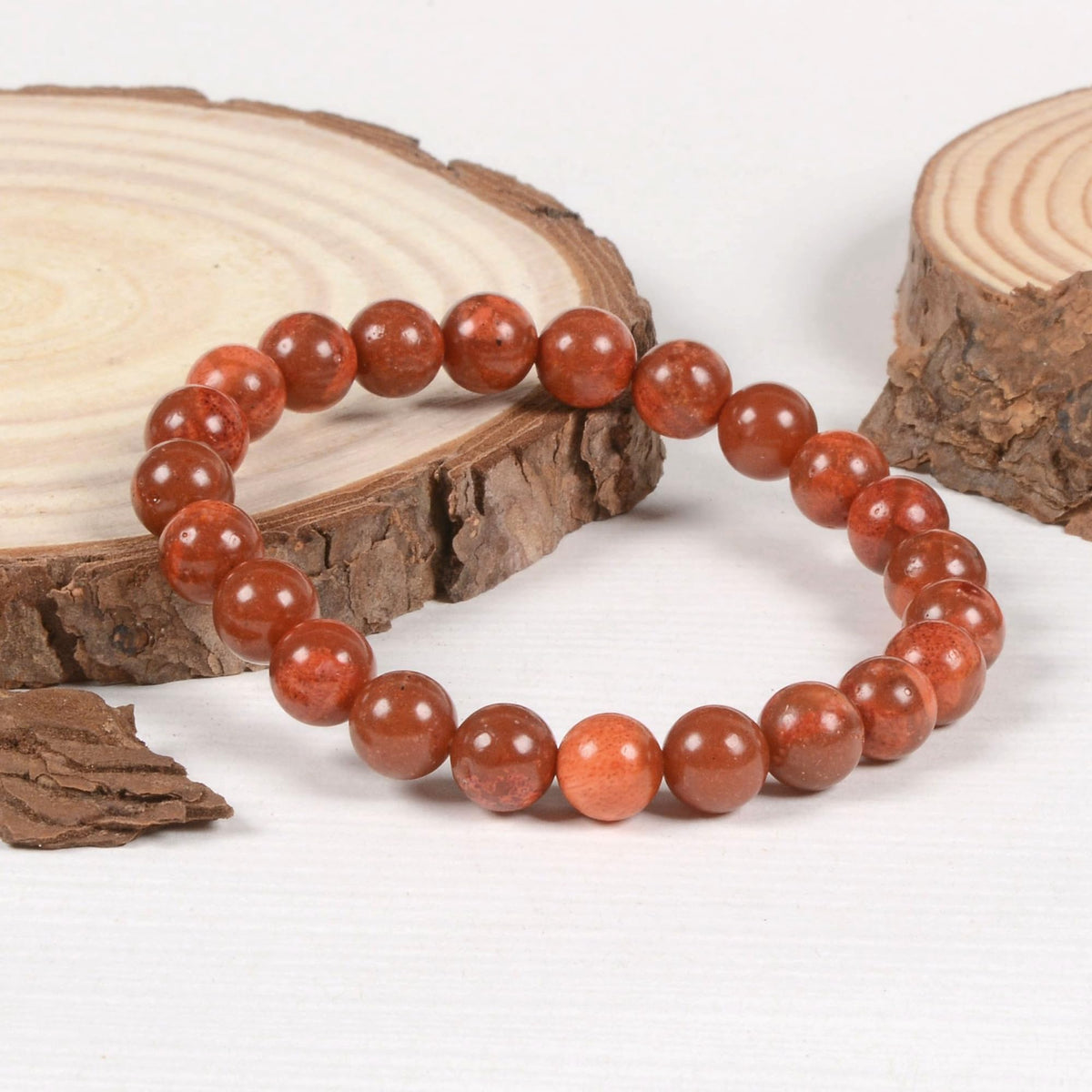 Justinstones Red Spong Coral Gemstone 8mm Round Beads Stretch Bracelet 7 Inch Unisex