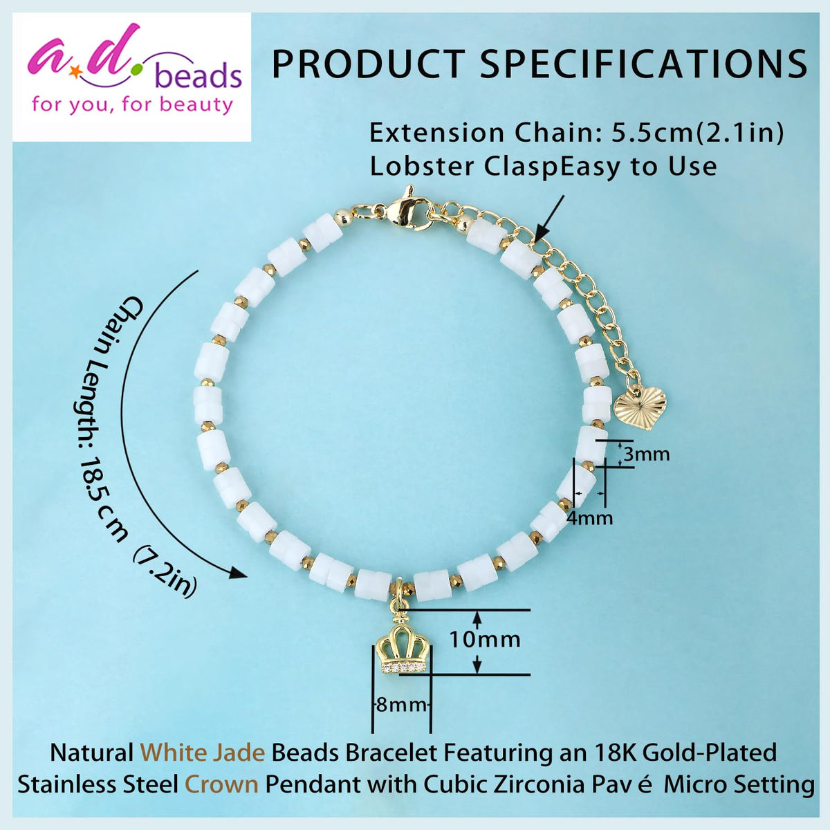 Natural Gemstone Healing Crystal White Jade Dainty Charms Crown Bracelet Adjustable Chain Extender Minimalist Jewelry