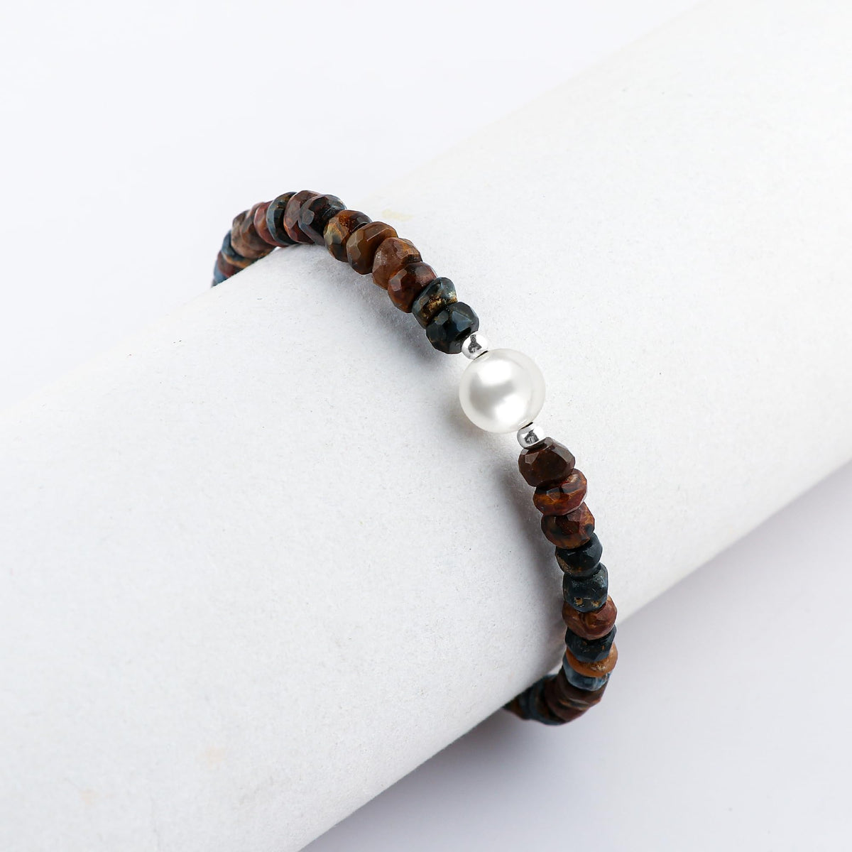 CRYSTALINES Natural Pietersite Gemstones Beads Bolo Bracelets with Pearl, Handmade, Birthstone, Beaded Bracelet, Real Crystals Jewelry, Women Bracelet, Silver Plated Adjustable Chain 6+4inch, A Grade