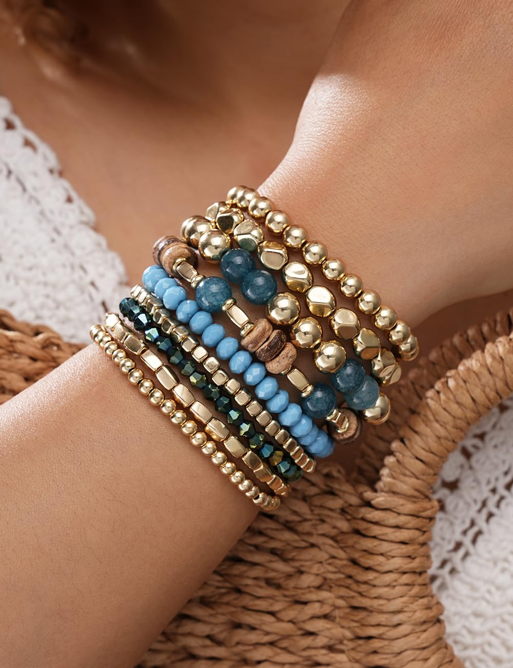 iF YOU 12 Pcs Boho Beaded Bracelets for Women, Brown Orange Bohemian Stackable Gold Bead Stretch Bracelets Stack Jewelry Gift (Blue beaded bracelets)