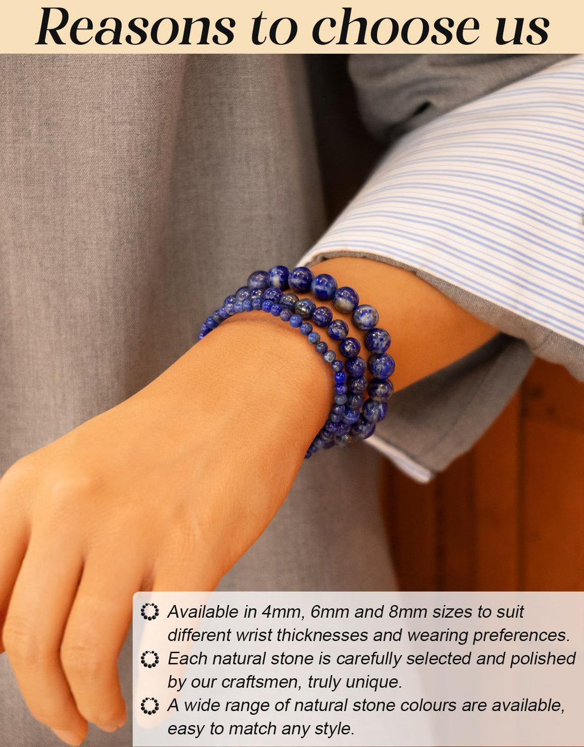 Landorilo Beaded Bracelet for Men Women, 6mm Natural Stone Lapis Lazuli Healing Crystal Stretch Bracelets, Ideal Christmas Birthday Jewelry Gifts with Energy Card，Replacement Beads Included