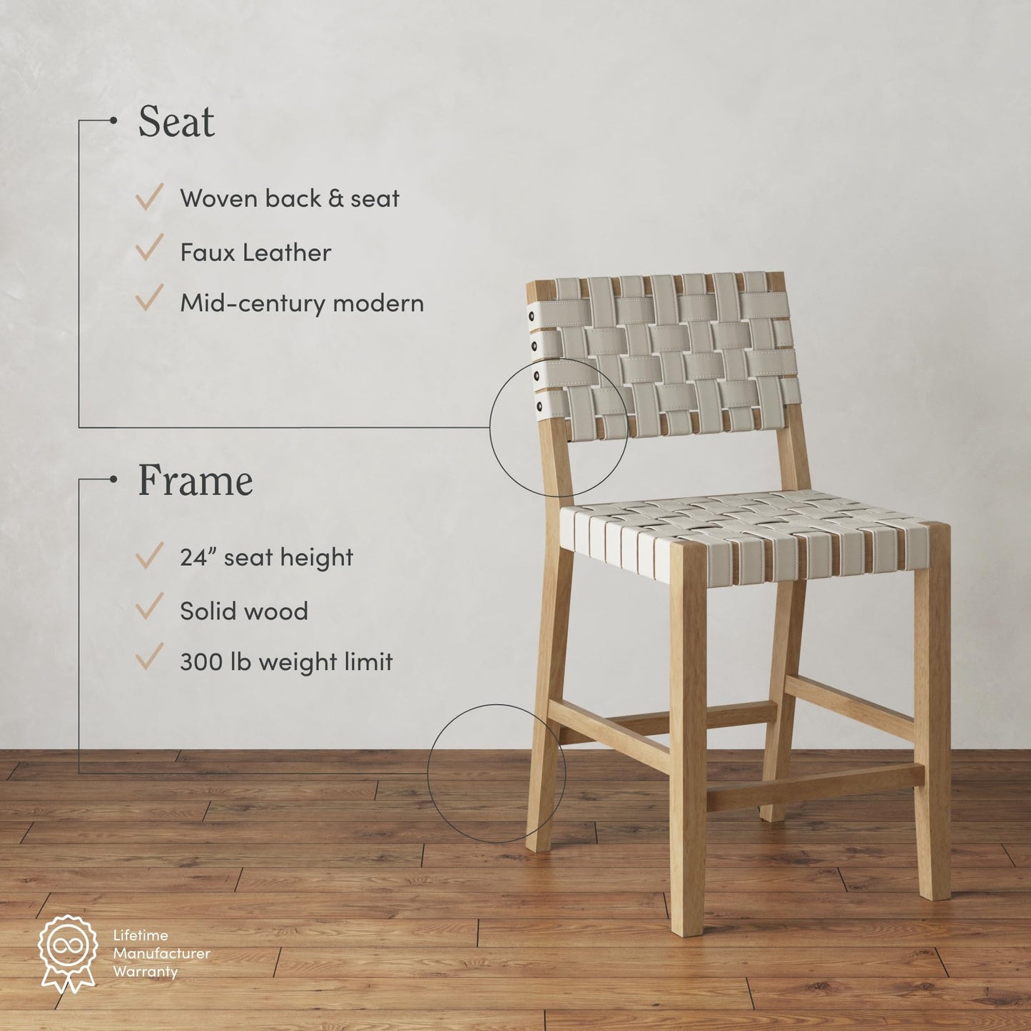 Nathan James Cohen Mid Century Modern Bar Stool, Upholstered Faux Leather Counter Stool with Back and Solid Wood Legs, Off White