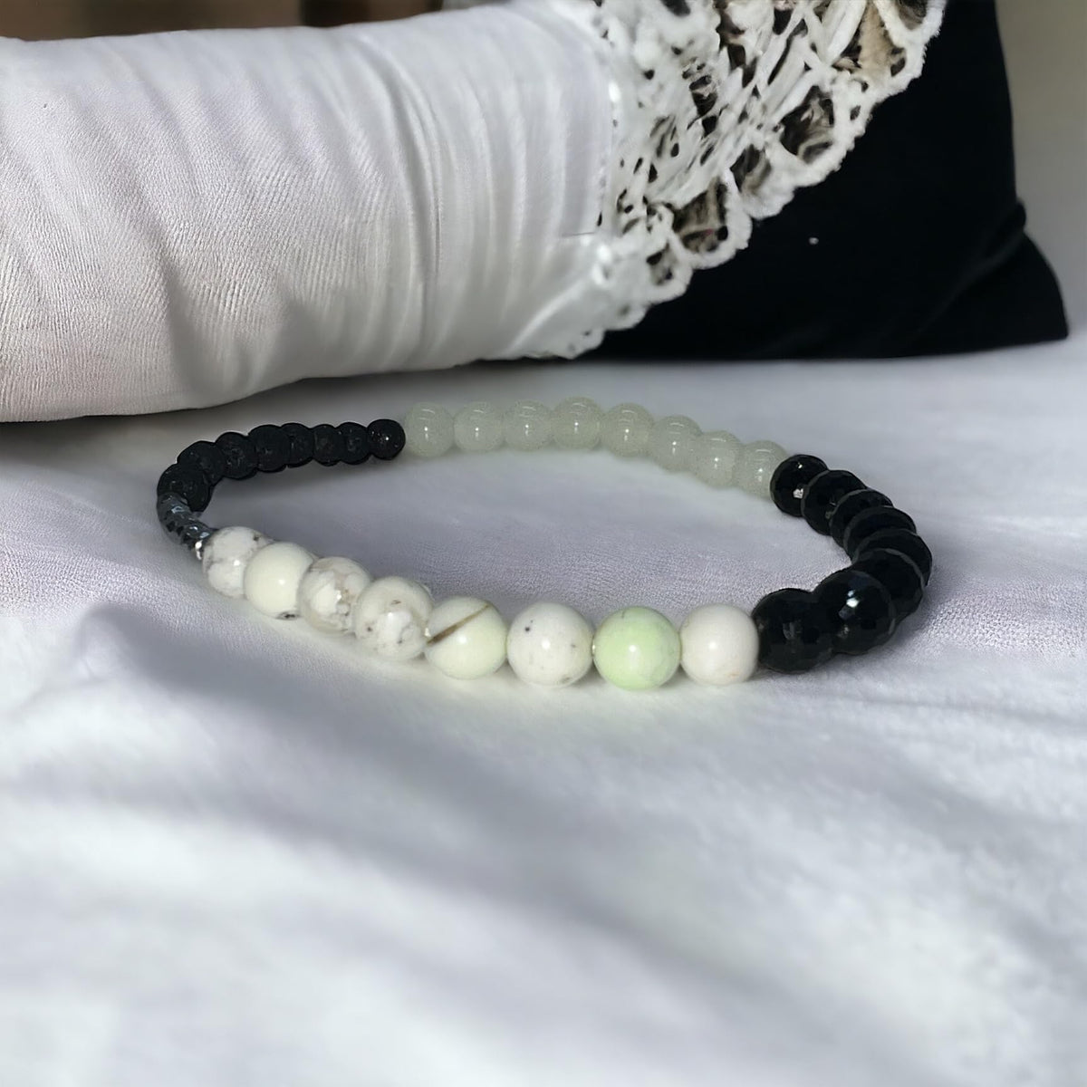 *GLOW IN THE DARK* “LEMON Bracelet” (Lemon Chrysoprase & Black Tourmaline) Natural Gemstone Healing Bracelet - Large | [7.5 inches]