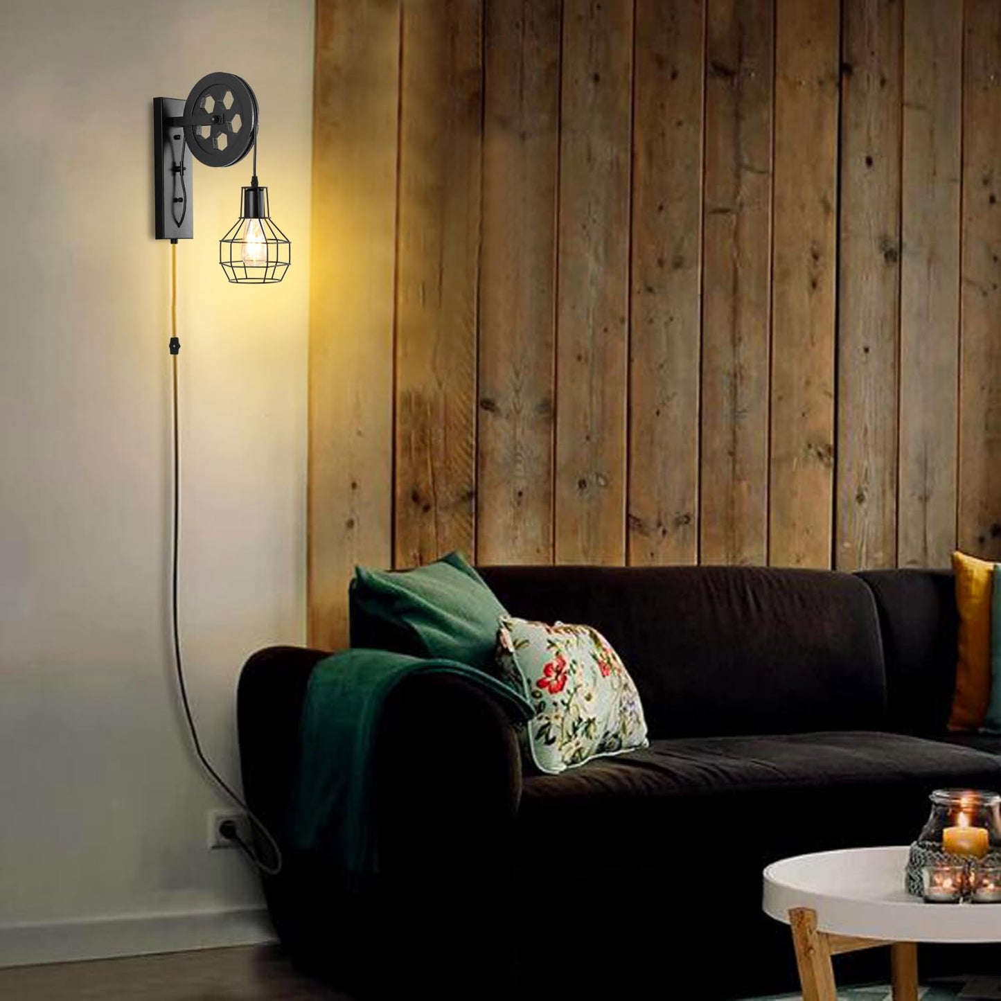 BAODEN Plug in Wall Sconce Rustic Wall Light Lift Pulley Matte Iron Cage Shade Metal Black Industrial Mid Century Wall Lamp Indoor Lighting Barn Restaurant