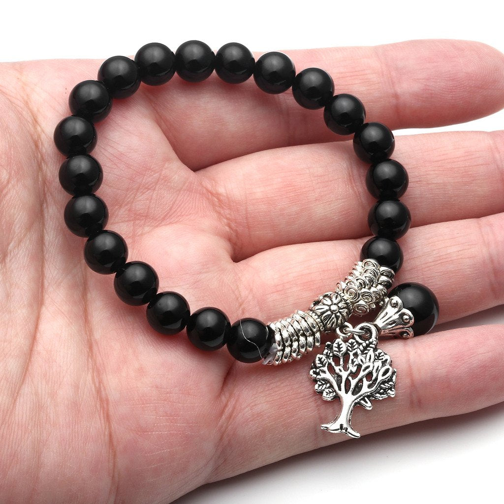 Jovivi 8MM Natural Black Agate Onyx Gemstone Healing Point Tree Life Lucky Charm Stretch Bracelet