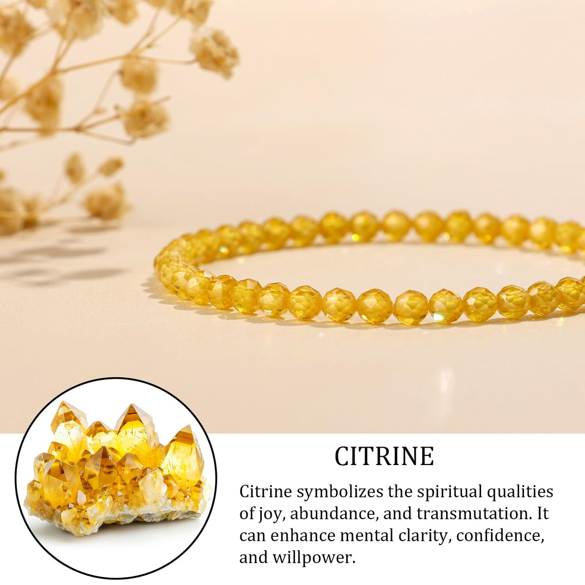 GolbalJew Natural Gemstone Beads Bracelets Healing Crystal Stone Beaded Bracelet for Women Men Handmade Spiritual Jewelry Gifts, 4mm Citrine Faceted Round Beads